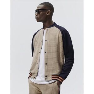 Zara NWT Men’s Black And Tan Plaid Button Up Varsity Jacket Size Medium y2k